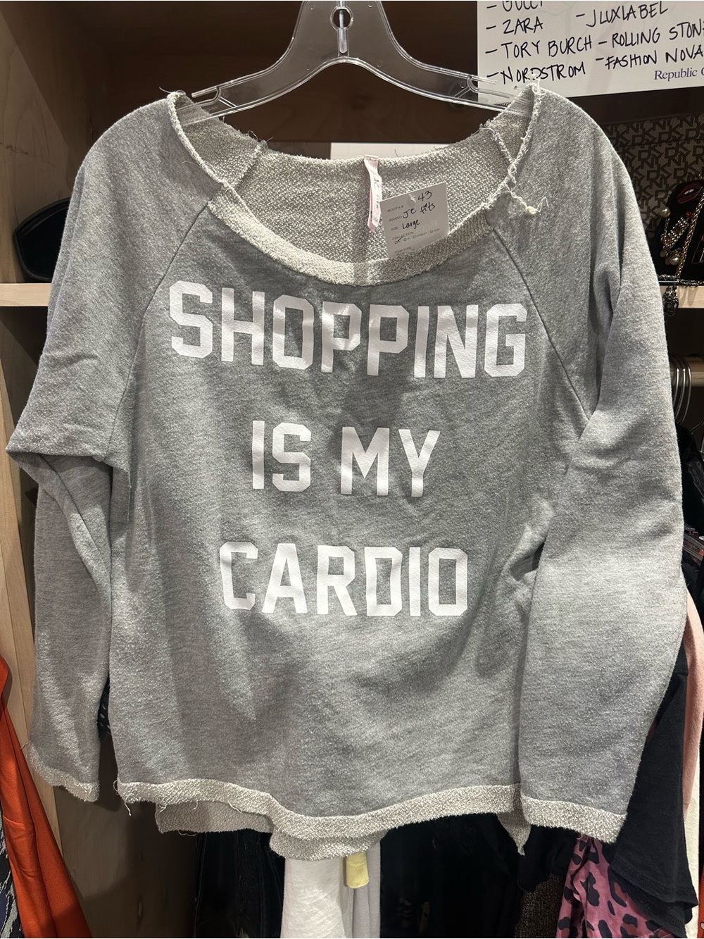 Off-the-Shoulder Sweatshirt "Shopping Is My Cardio" - Gray